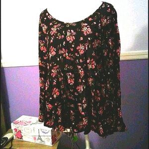 Torrid Boho Black & Pink Floral Long Sleeve Cinch Waist Peasant Flowy Top M